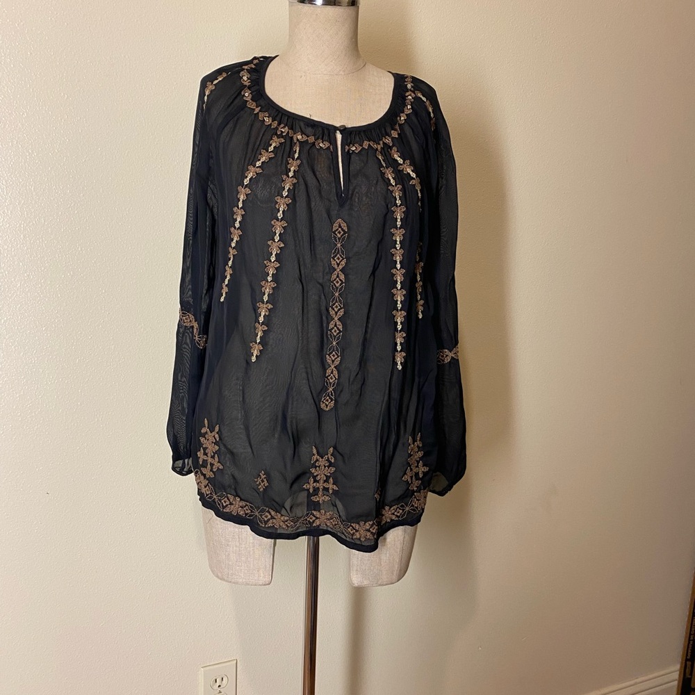 Lucky Brand Black Blouse with Gold Embroidery